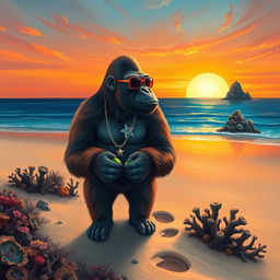 A surrealist digital illustration of a gorilla standing on a sandy beach during sunset