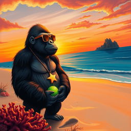 A surrealist digital illustration of a gorilla standing on a sandy beach during sunset