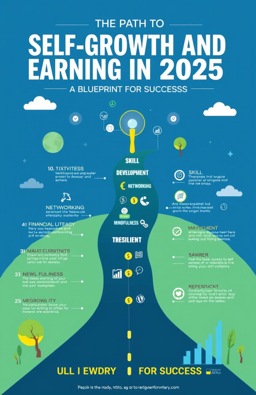 An inspiring and motivational infographic illustrating 'The Path to Self-Growth and Earning in 2025: A Blueprint for Success'