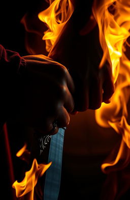 A close-up of two hands almost touching: one hand gripping an ornate dagger, symbolizing Daniel as the hunter, with intricate details on the dagger that reflect a dark, powerful essence