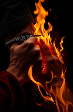 A close-up of two hands almost touching: one hand gripping an ornate dagger, symbolizing Daniel as the hunter, with intricate details on the dagger that reflect a dark, powerful essence