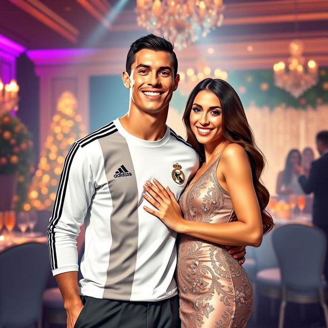 A stylized portrait of Cristiano Ronaldo and Antonela Roccuzzo (Lionel Messi's partner) standing together in a glamorous setting, capturing a sense of friendship and joy