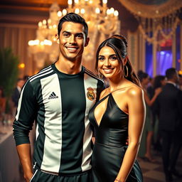 A stylized portrait of Cristiano Ronaldo and Antonela Roccuzzo (Lionel Messi's partner) standing together in a glamorous setting, capturing a sense of friendship and joy