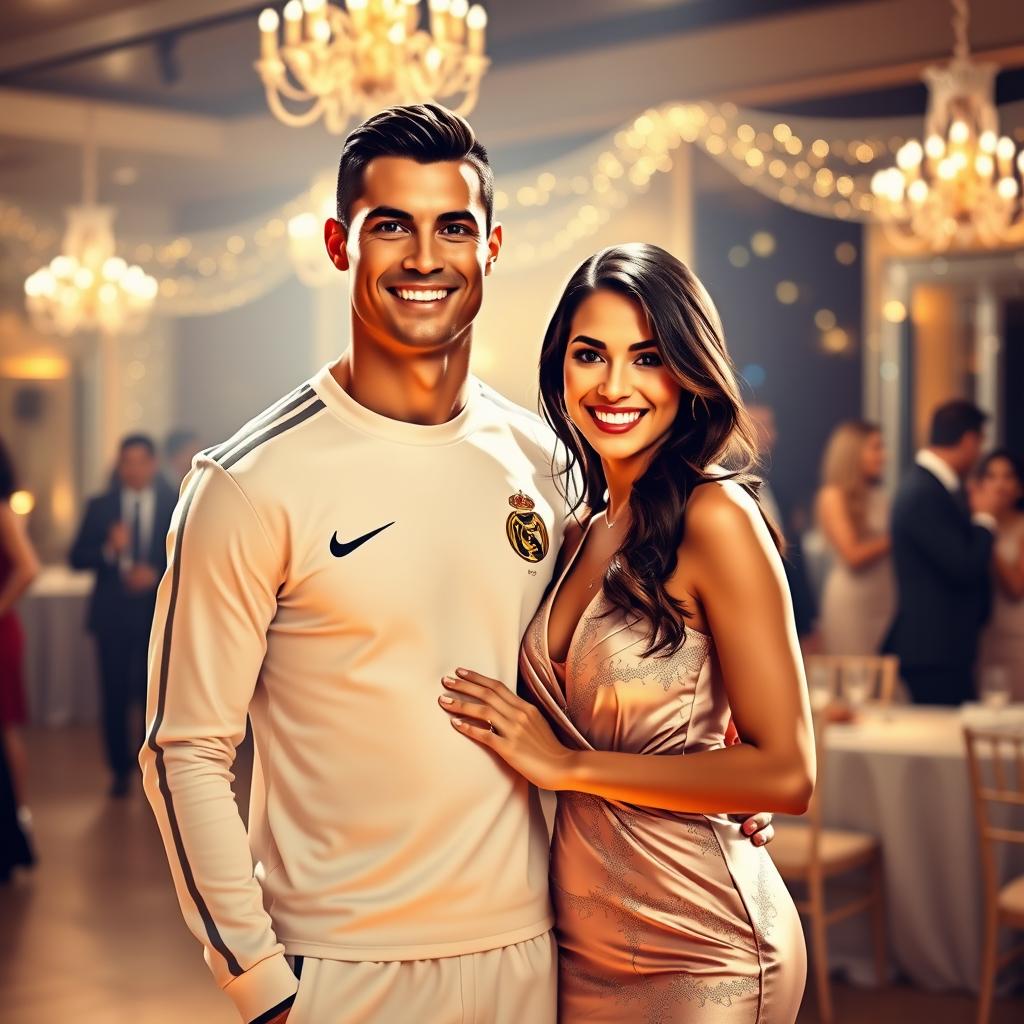 A stylized portrait of Cristiano Ronaldo and Antonela Roccuzzo (Lionel Messi's partner) standing together in a glamorous setting, capturing a sense of friendship and joy