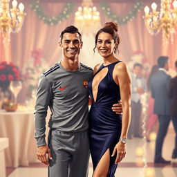 A stylized portrait of Cristiano Ronaldo and Antonela Roccuzzo (Lionel Messi's partner) standing together in a glamorous setting, capturing a sense of friendship and joy