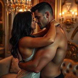 A romantic and intimate scene of a couple in a luxurious setting, with soft lighting and plush furnishings