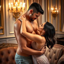 A romantic and intimate scene of a couple in a luxurious setting, with soft lighting and plush furnishings