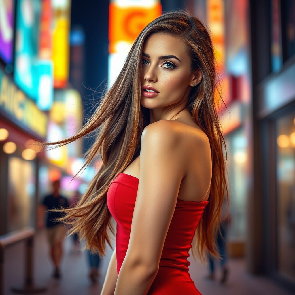 A stunningly attractive woman with long, flowing brown hair, wearing a form-fitting red dress that accentuates her curves