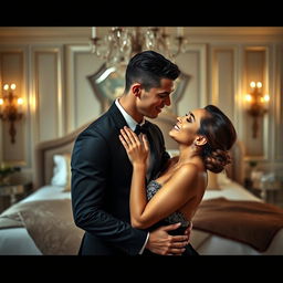 A romantic and intimate scene featuring Cristiano Ronaldo and Georgina Rodriguez in a luxurious setting, showcasing their affection for each other