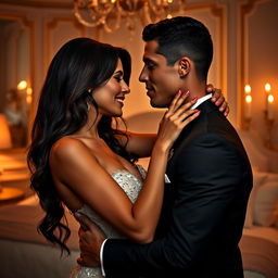 A romantic and intimate scene featuring Cristiano Ronaldo and Georgina Rodriguez in a luxurious setting, showcasing their affection for each other
