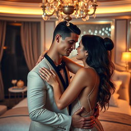 A romantic and intimate scene featuring Cristiano Ronaldo and Georgina Rodriguez in a luxurious setting, showcasing their affection for each other