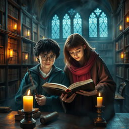 A magical scene in the Hogwarts library featuring Harry Potter and Hermione Granger