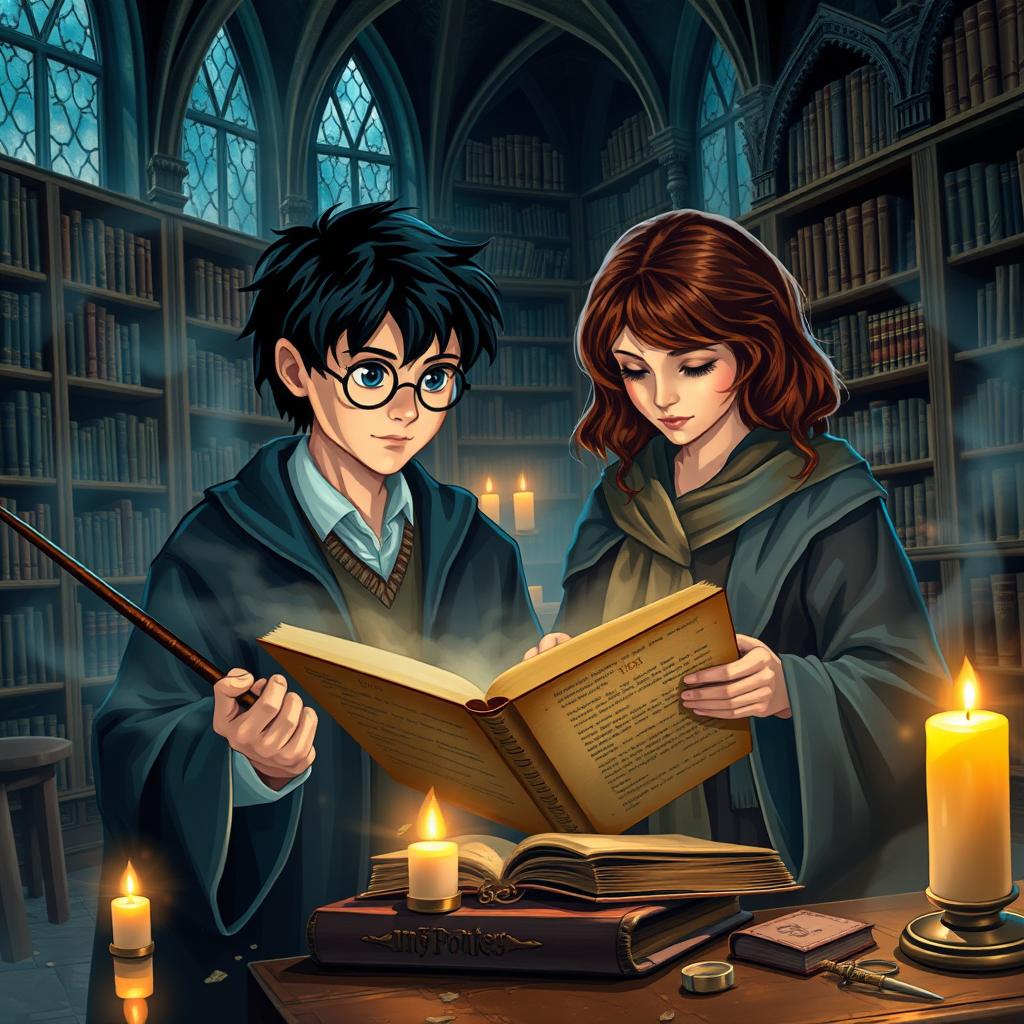 A magical scene in the Hogwarts library featuring Harry Potter and Hermione Granger