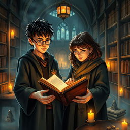 A magical scene in the Hogwarts library featuring Harry Potter and Hermione Granger