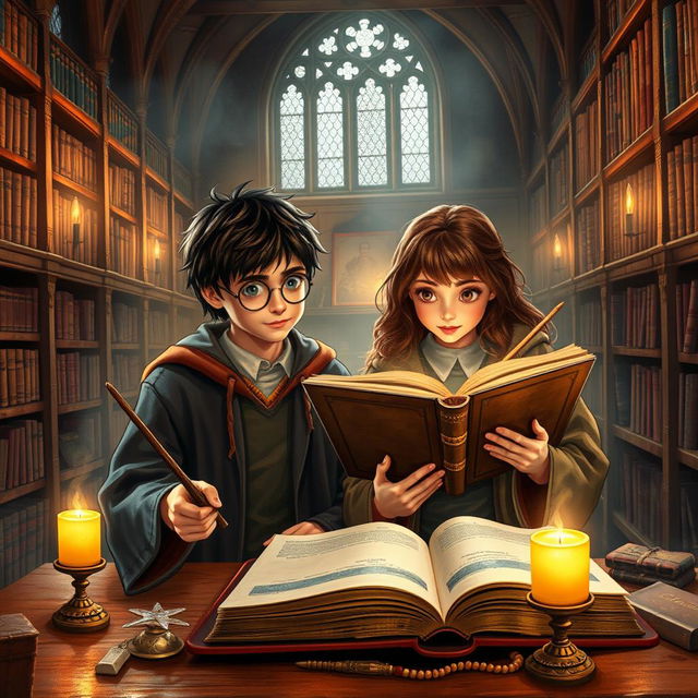 A magical scene in the Hogwarts library featuring Harry Potter and Hermione Granger