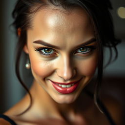 A striking close-up portrait of an attractive adult film star, showcasing their distinctive features, with a focus on their captivating eyes and sultry smile