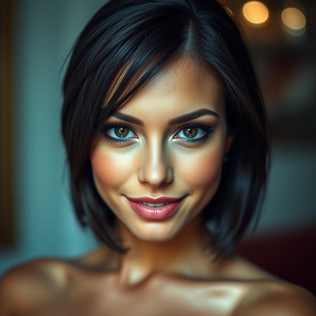 A striking close-up portrait of an attractive adult film star, showcasing their distinctive features, with a focus on their captivating eyes and sultry smile