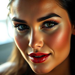 A striking close-up portrait of an attractive adult film star, showcasing their distinctive features, with a focus on their captivating eyes and sultry smile