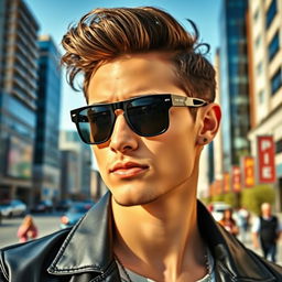 A stylish individual wearing sleek black sunglasses, exuding an air of confidence and coolness