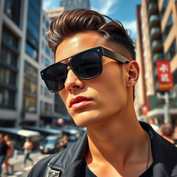 A stylish individual wearing sleek black sunglasses, exuding an air of confidence and coolness