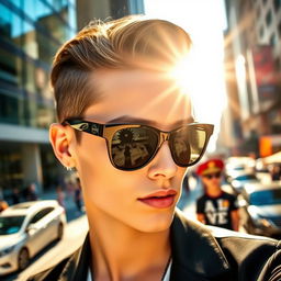 A stylish individual wearing sleek black sunglasses, exuding an air of confidence and coolness