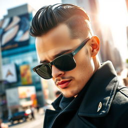 A stylish individual wearing sleek black sunglasses, exuding an air of confidence and coolness