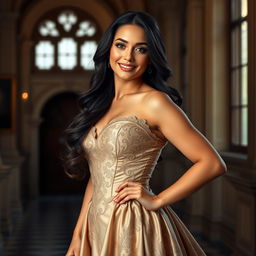 A beautiful, curvaceous woman, inspired by Georgian beauty ideals, wearing a stunning historical gown with intricate lace details, gracefully posed in an elegant setting, with soft lighting that accentuates her features