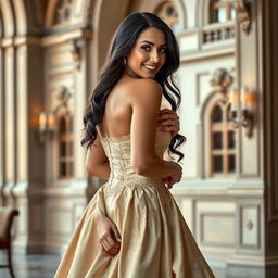 A beautiful, curvaceous woman, inspired by Georgian beauty ideals, wearing a stunning historical gown with intricate lace details, gracefully posed in an elegant setting, with soft lighting that accentuates her features