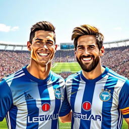 An imaginative depiction of two famous soccer players, Cristiano Ronaldo and Lionel Messi, both wearing the blue and white jersey of Esteghlal FC