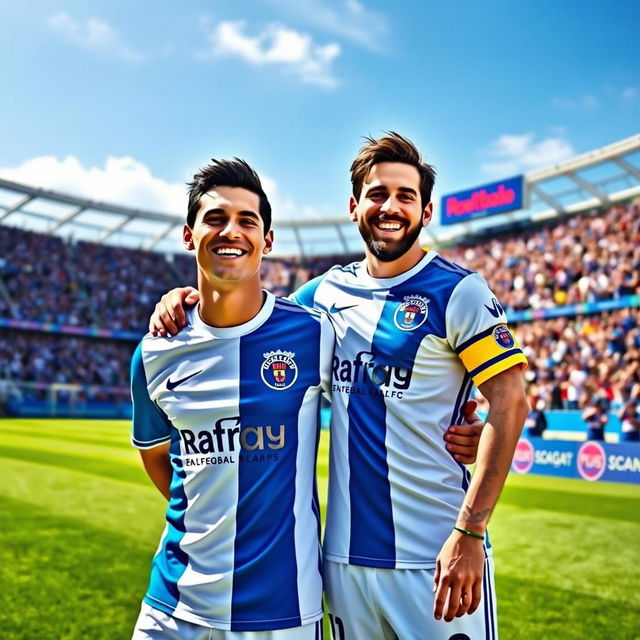 An imaginative depiction of two famous soccer players, Cristiano Ronaldo and Lionel Messi, both wearing the blue and white jersey of Esteghlal FC