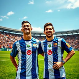 An imaginative depiction of two famous soccer players, Cristiano Ronaldo and Lionel Messi, both wearing the blue and white jersey of Esteghlal FC