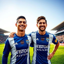 An imaginative depiction of two famous soccer players, Cristiano Ronaldo and Lionel Messi, both wearing the blue and white jersey of Esteghlal FC