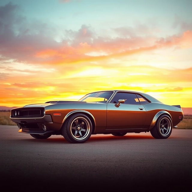 A large, powerful car parked in an open landscape at sunset, showcasing its sleek, muscular design and shiny metallic paint