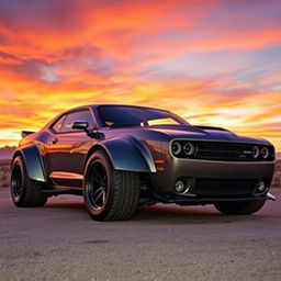 A large, powerful car parked in an open landscape at sunset, showcasing its sleek, muscular design and shiny metallic paint