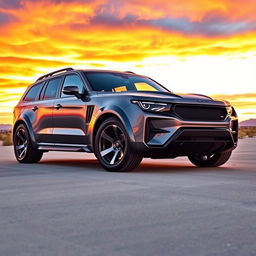 A large, powerful car parked in an open landscape at sunset, showcasing its sleek, muscular design and shiny metallic paint