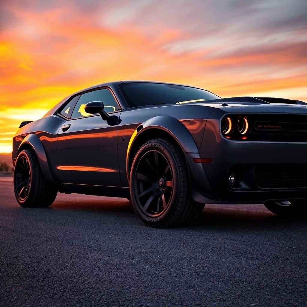 A large, powerful car parked in an open landscape at sunset, showcasing its sleek, muscular design and shiny metallic paint