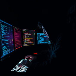 A skilled hacker intently focused on multiple screens in a dark room, illuminated only by the glow of the monitors displaying complex codes and hacking interfaces