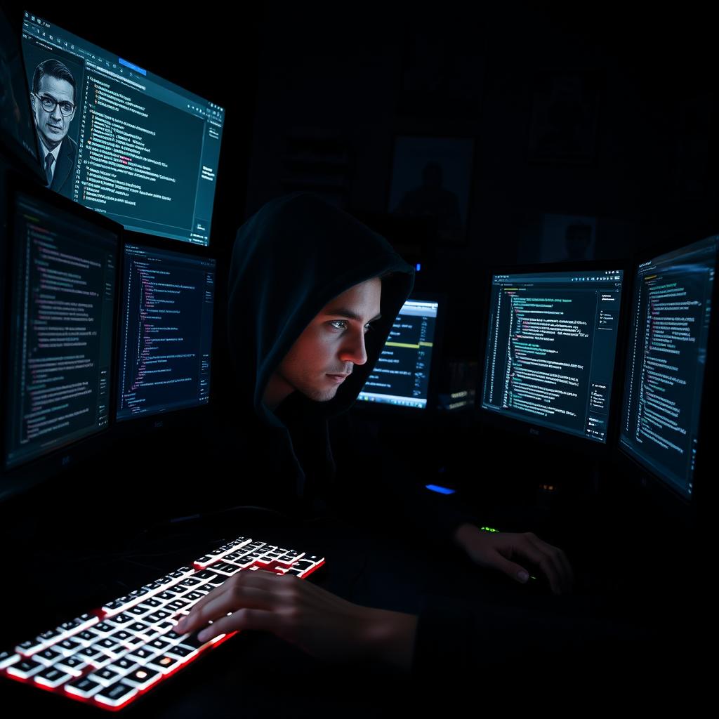 A skilled hacker intently focused on multiple screens in a dark room, illuminated only by the glow of the monitors displaying complex codes and hacking interfaces