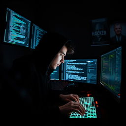 A skilled hacker intently focused on multiple screens in a dark room, illuminated only by the glow of the monitors displaying complex codes and hacking interfaces