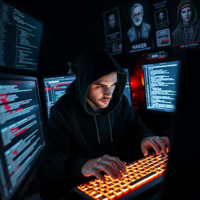 A skilled hacker intently focused on multiple screens in a dark room, illuminated only by the glow of the monitors displaying complex codes and hacking interfaces