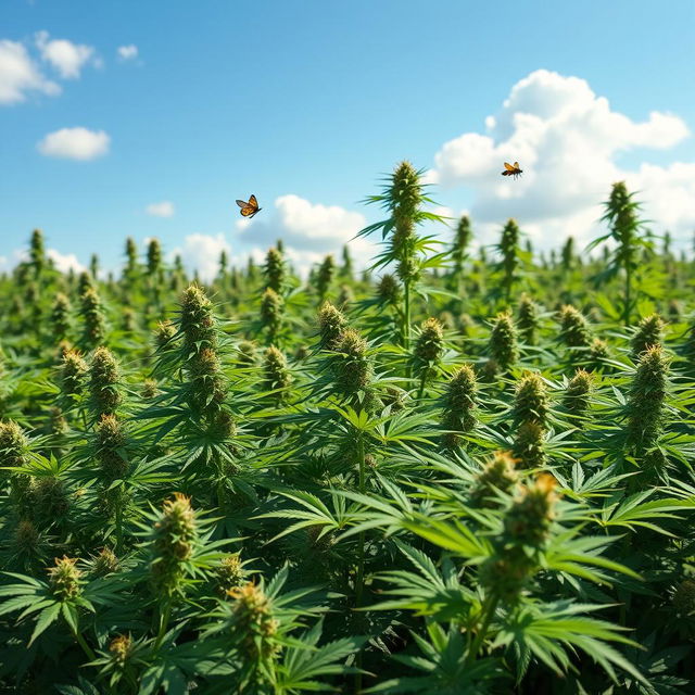 A lush green field covered with various types of cannabis plants