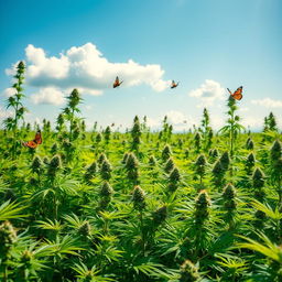 A lush green field covered with various types of cannabis plants