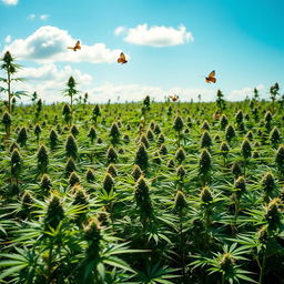 A lush green field covered with various types of cannabis plants