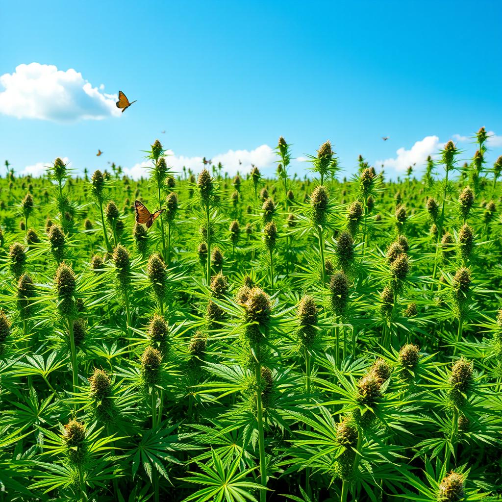 A lush green field covered with various types of cannabis plants