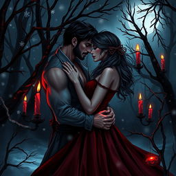 A captivating book cover for a steamy romance novel set in a dark horror theme during Christmas