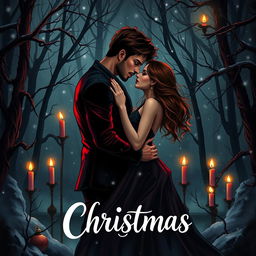 A captivating book cover for a steamy romance novel set in a dark horror theme during Christmas