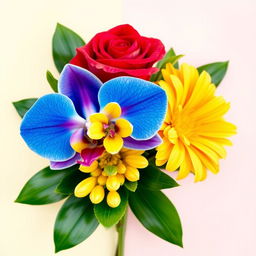 A harmonious arrangement of three distinct and vibrant flowers seamlessly blended into one cohesive composition