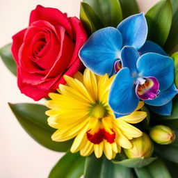A harmonious arrangement of three distinct and vibrant flowers seamlessly blended into one cohesive composition
