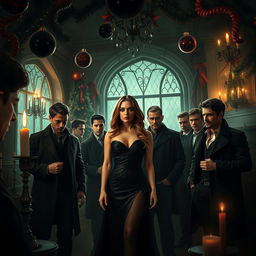 An evocative book cover for a steamy romance novel set in a dark horror theme during Christmas, featuring a striking scene where alluring men are waiting expectantly