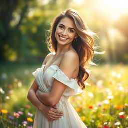A stunning portrait of a woman with an enchanting smile, wearing a flowing dress that accentuates her curves